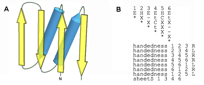 Ferredoxin-like fold diagram and Query meta-matrix for the ferredoxin-like fold pattern